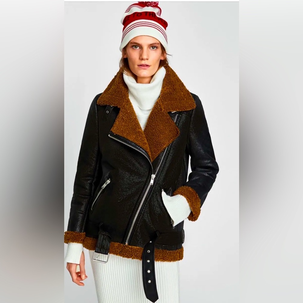 Zara Women’s Aviator Bomber Shearling Coat - L